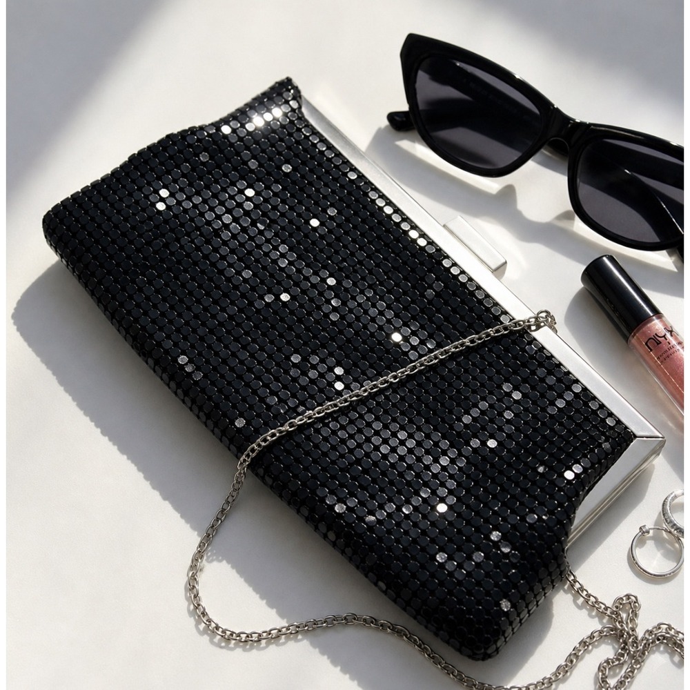 Y2K Black Chainmail Clutch Silver‎ Frame Shoulder Bag Evening Party